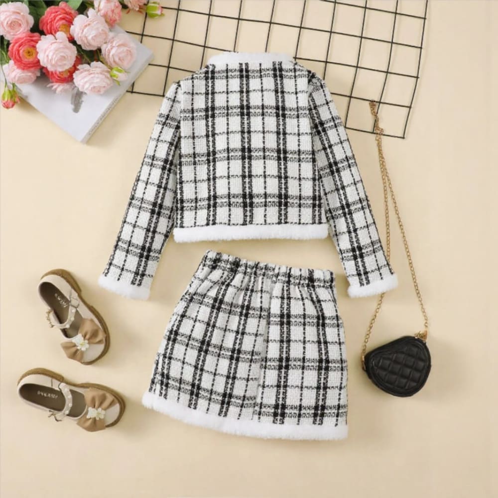Black and white tweed plaid jacket and skirt set with soft white fleece trim — classic, elegant outfit for girls and teens.