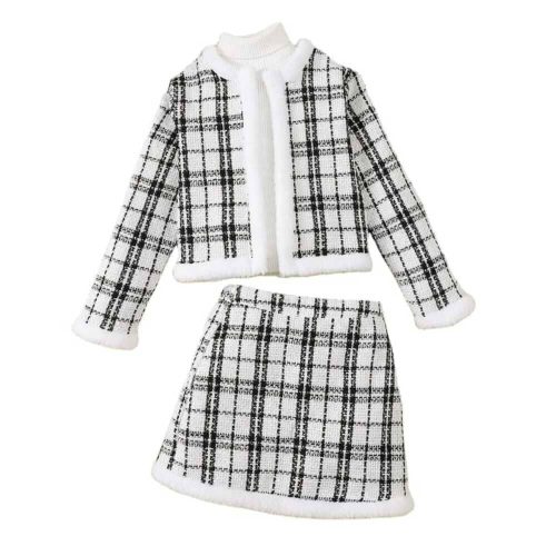 Black and white tweed plaid jacket and skirt set with soft white fleece trim — classic, elegant outfit for girls and teens.
