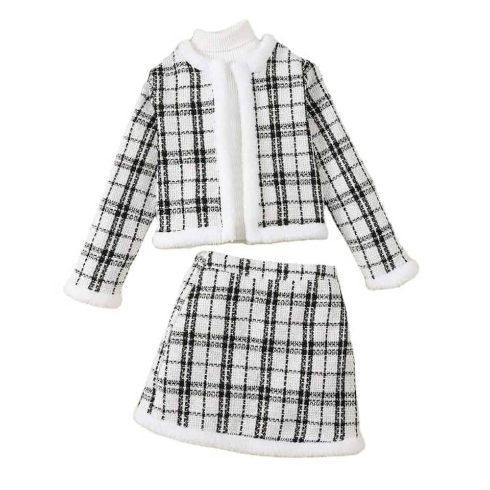 Black and white tweed plaid jacket and skirt set with soft white fleece trim — classic, elegant outfit for girls and teens.