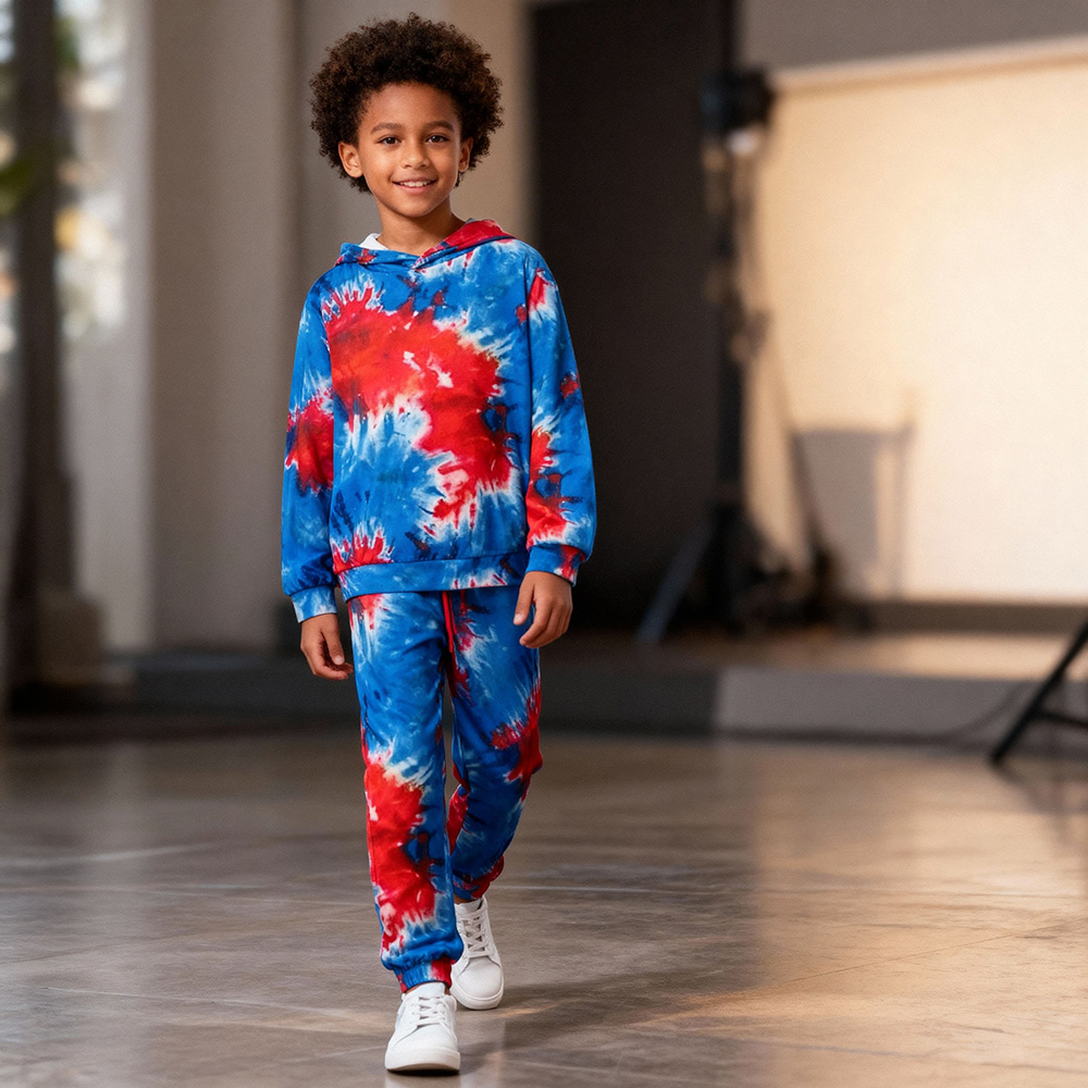 Kids' Red & Blue Tie-Dye Pullover Hoodie & Jogger Set - Tracksuit