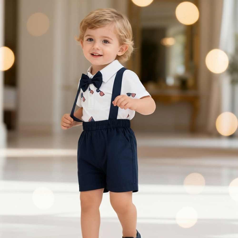 Baby Boys' Patriotic Print Bow-Tie Bodysuit & Navy Suspender Shorts Set