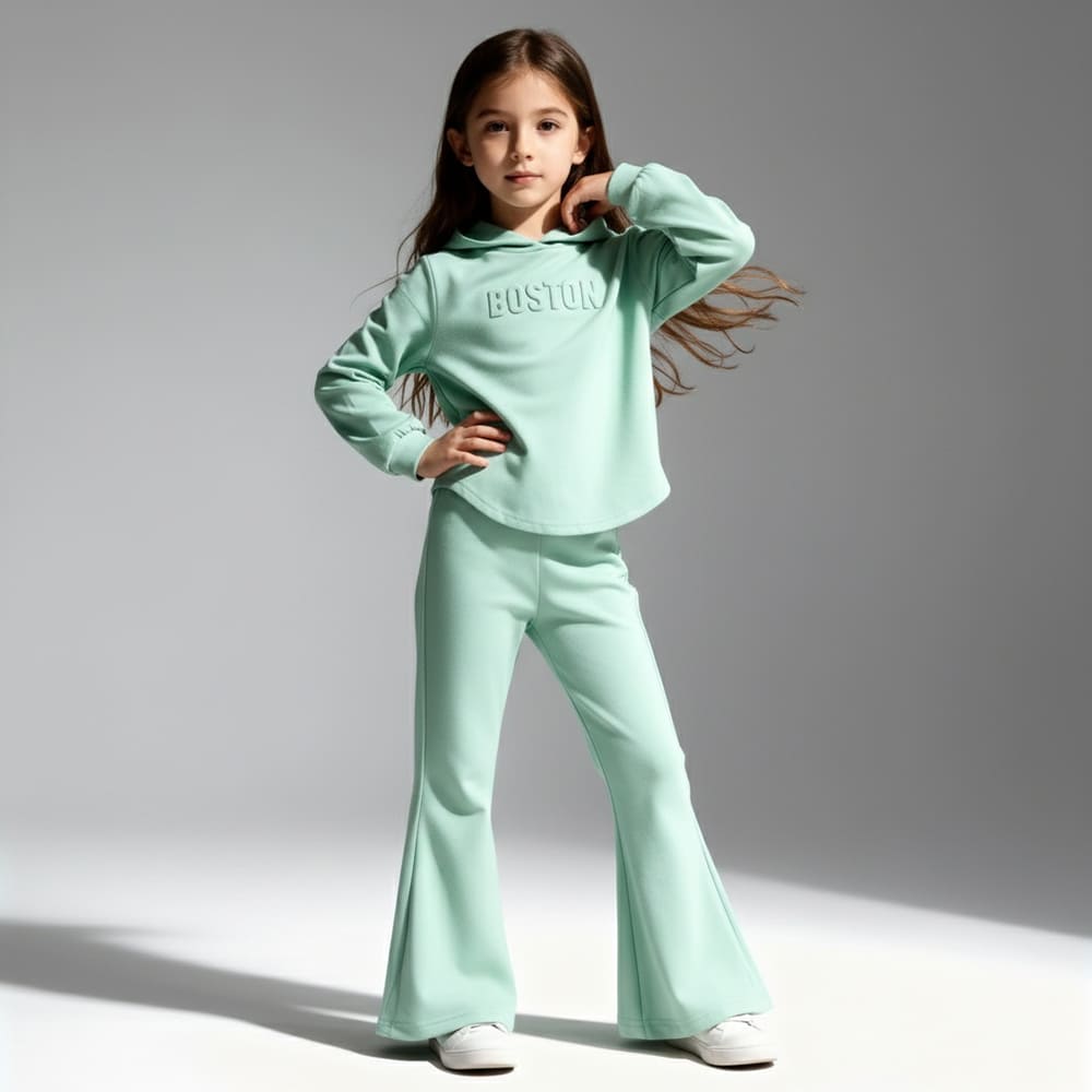 Girls' Vibrant "BOSTON" Embossed Hoodie & Flare Pants Tracksuit Set