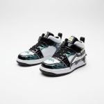 Black and white Batman-themed high-top sneakers for kids with glowing bat logo, velcro straps, and comic-book inspired details.