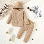 Beige ribbed knit hoodie and joggers for baby