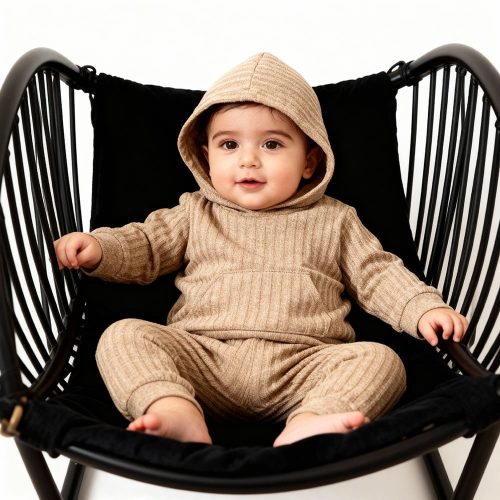 Beige ribbed knit hoodie and joggers for baby