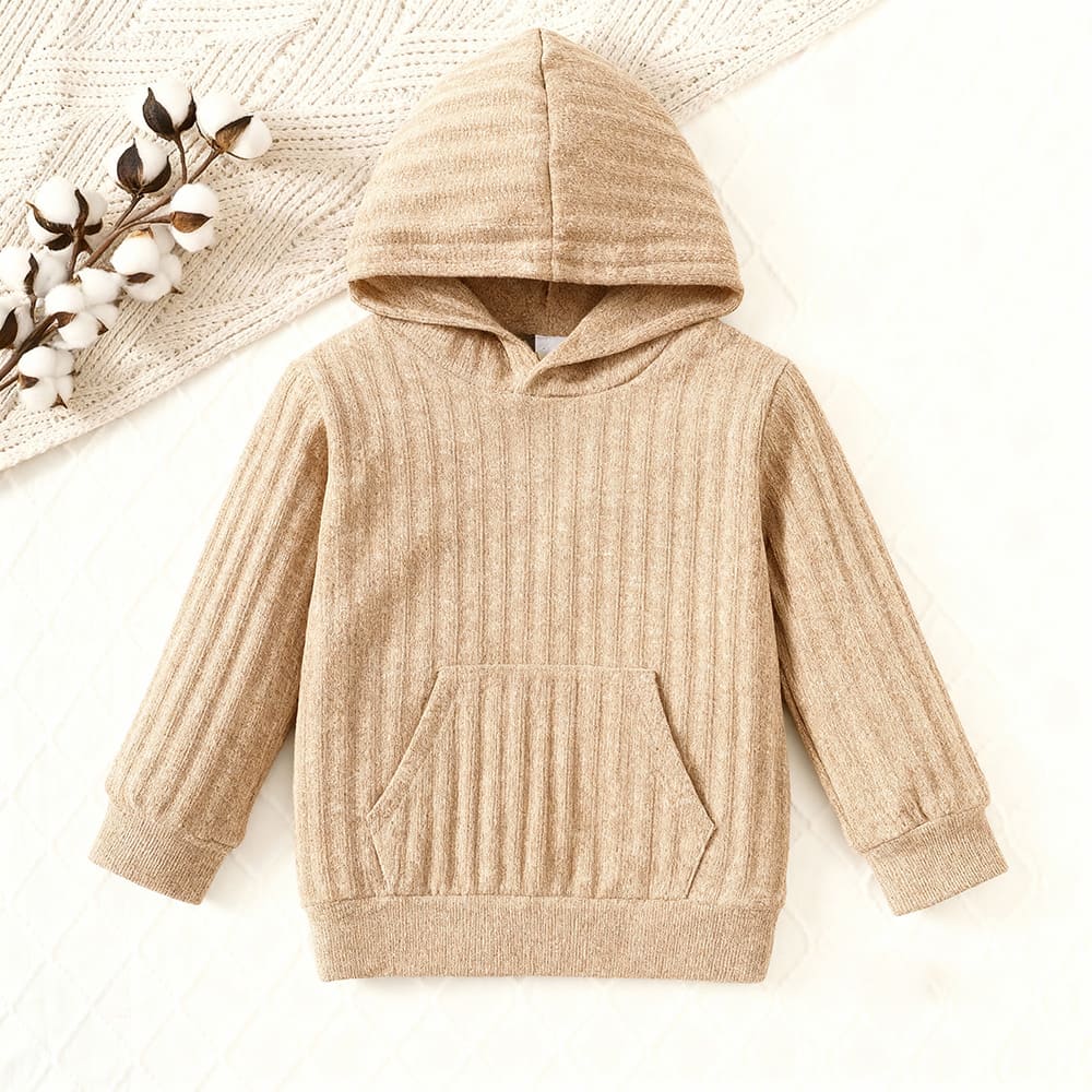 Beige ribbed knit hoodie for baby