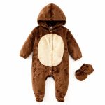 Fuzzy brown bear hooded romper with cream belly patch
