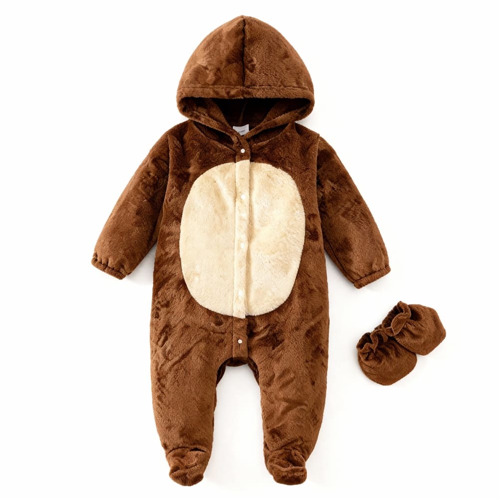Fuzzy brown bear hooded romper with cream belly patch
