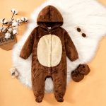 Fuzzy brown bear hooded romper with cream belly patch