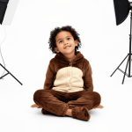 Fuzzy brown bear hooded romper with cream belly patch toddler