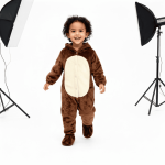 Fuzzy brown bear hooded romper with cream belly patch toddler