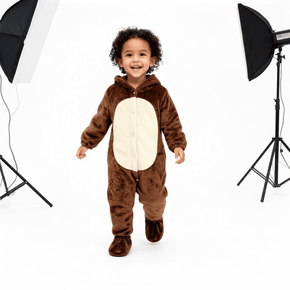Fuzzy brown bear hooded romper with cream belly patch toddler