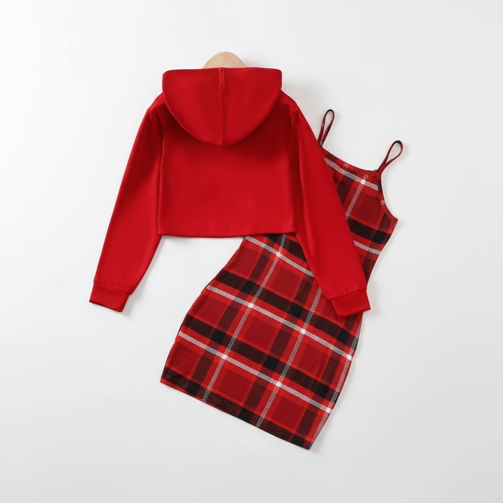 christmas-hoodie-set-back-styles-by-syl Red Christmas hoodie with “Merry Christmas” graphic paired with red plaid slip dress — festive holiday outfit for women or teens.