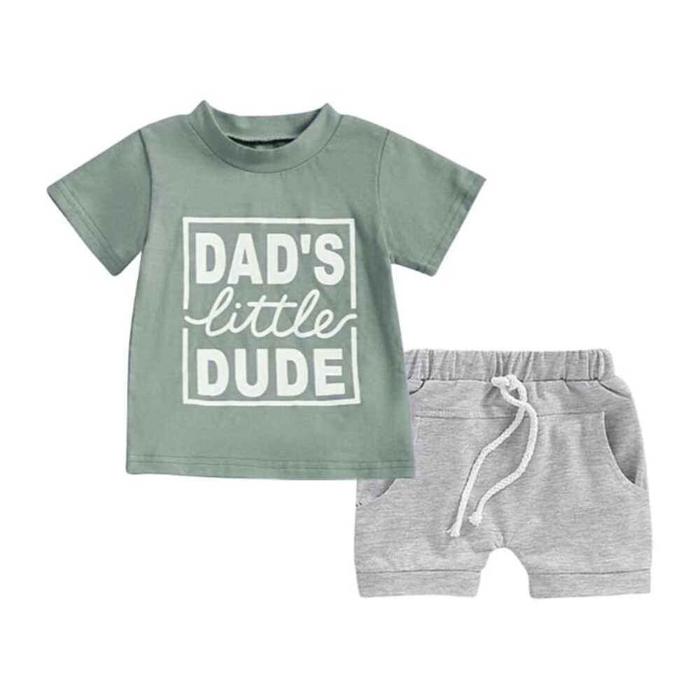 Green "Dad's Little Dude" tee and grey drawstring shorts