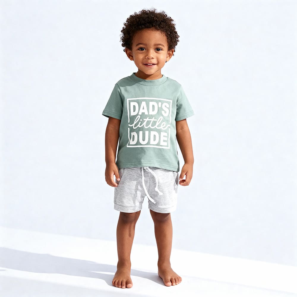 dads-little-dude-toddler-toddler-styles-by-syl-1 Green "Dad's Little Dude" tee and grey drawstring shorts