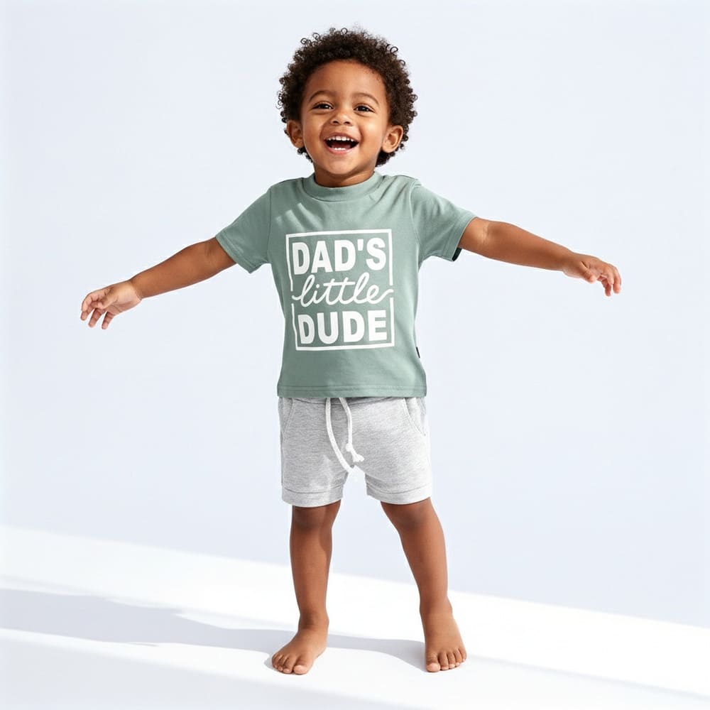 dads-little-dude-toddler-toddler-styles-by-syl Green "Dad's Little Dude" tee and grey drawstring shorts