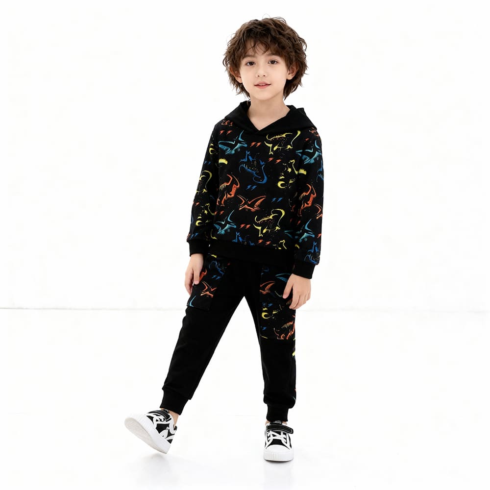 glow-black-hoodie-kid-styles-by-syl Black hoodie and joggers with neon dinosaur glow print
