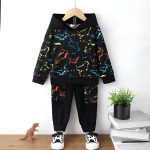 Black hoodie and joggers with neon dinosaur glow print