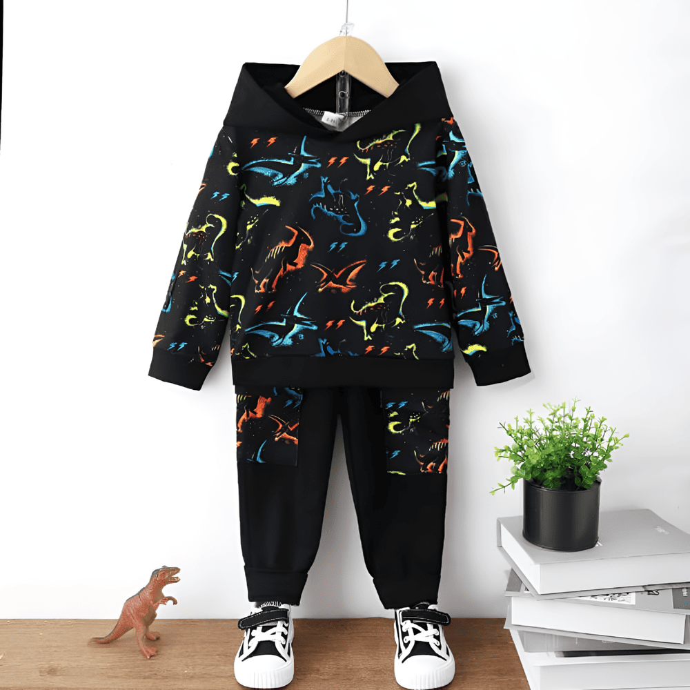 Black hoodie and joggers with neon dinosaur glow print