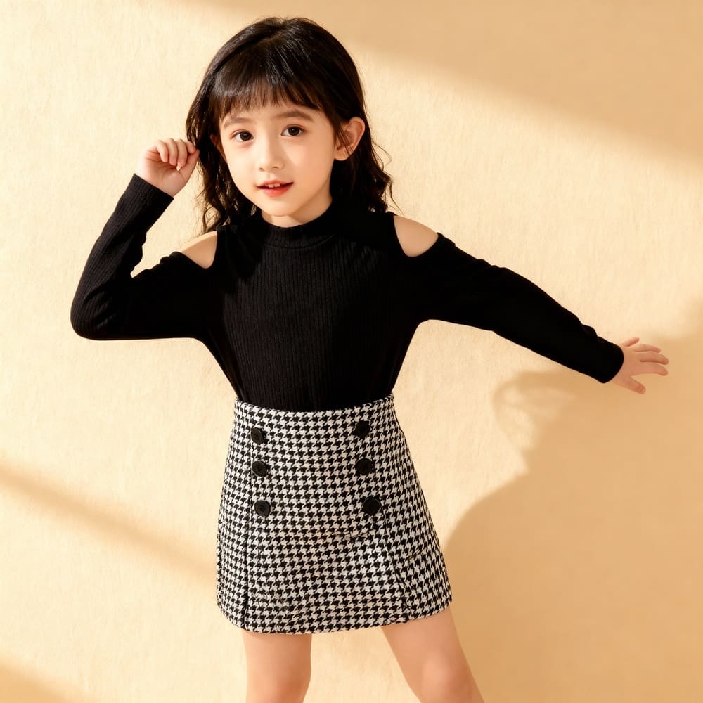houndstooth-cold-shoulder-dress-kid-styles-by-syl Black cold-shoulder knit top and houndstooth skirt dress