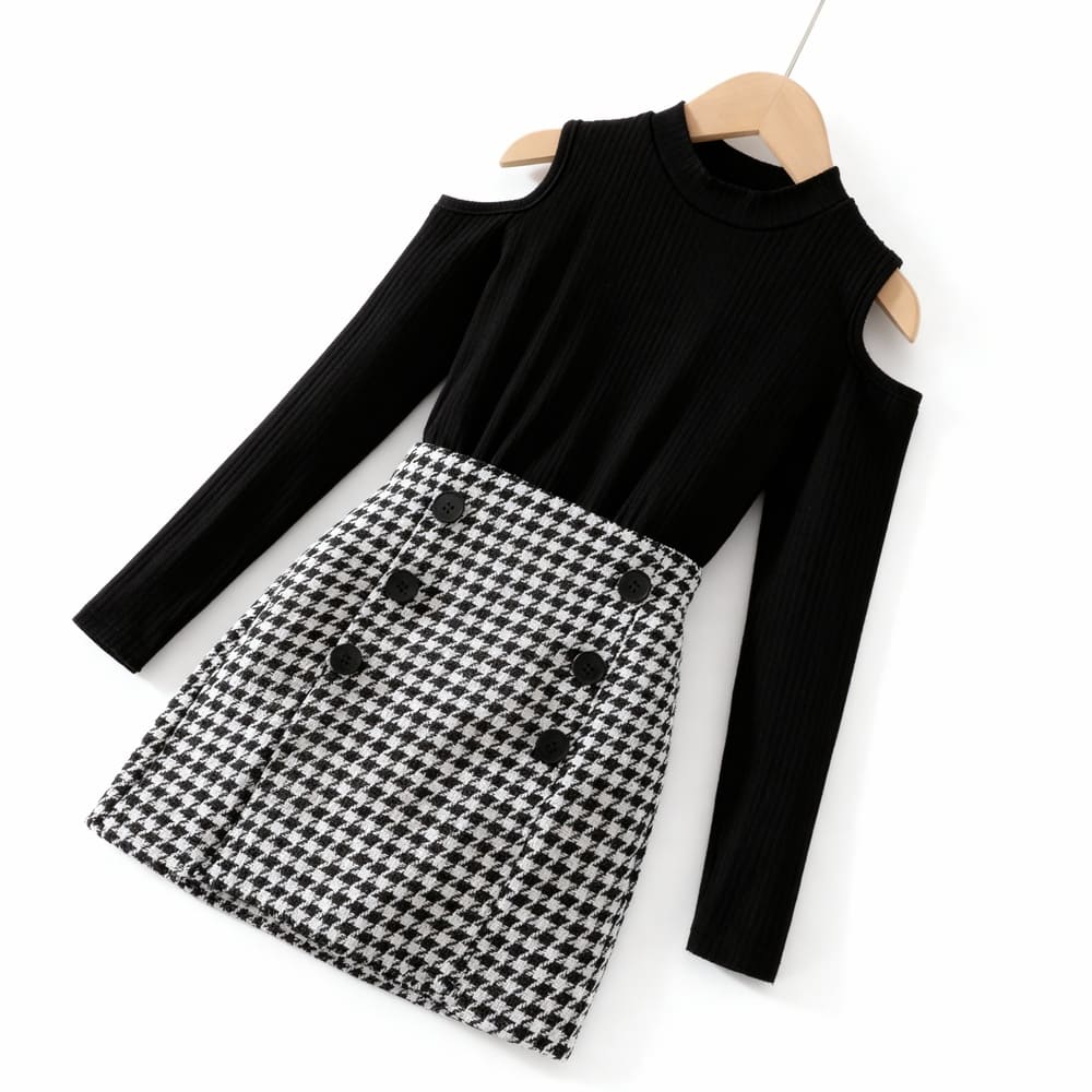 houndstooth-cold-shoulder-dress-styles-by-syl-1 Black cold-shoulder knit top and houndstooth skirt dress
