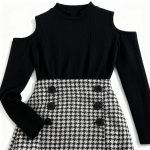 Black cold-shoulder knit top and houndstooth skirt dress