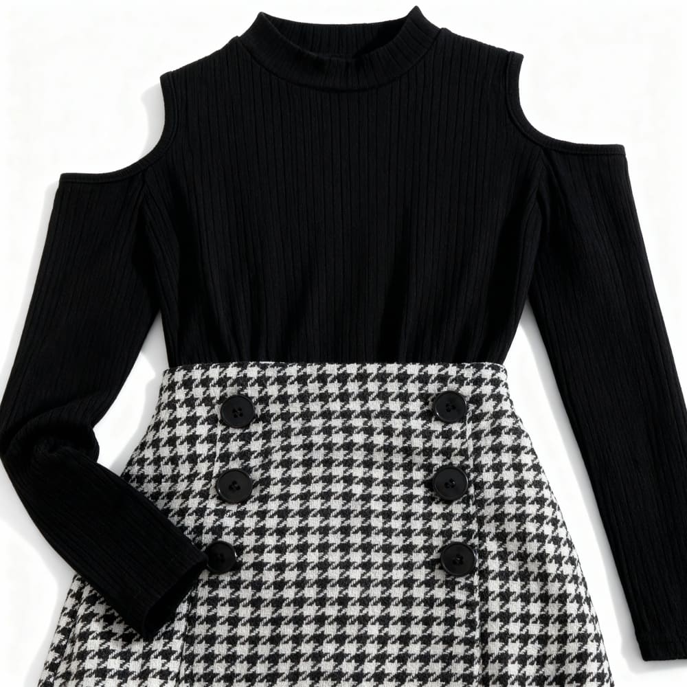 houndstooth-cold-shoulder-dress-styles-by-syl-2 Black cold-shoulder knit top and houndstooth skirt dress