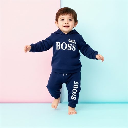 Navy “Little Boss” hoodie set with matching pants and bodysuit