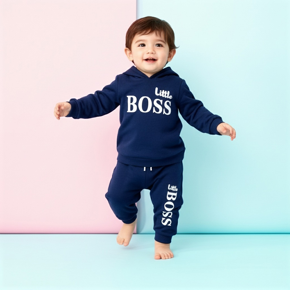 Navy “Little Boss” hoodie set with matching pants and bodysuit
