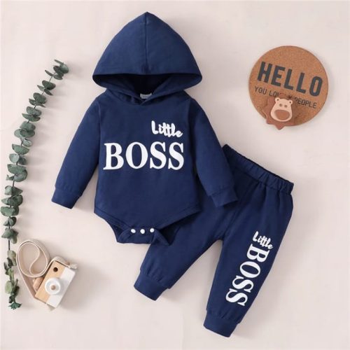 Navy “Little Boss” hoodie set with matching pants and bodysuit