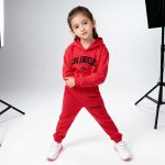 Red cropped hoodie and joggers with “Los Angeles” print