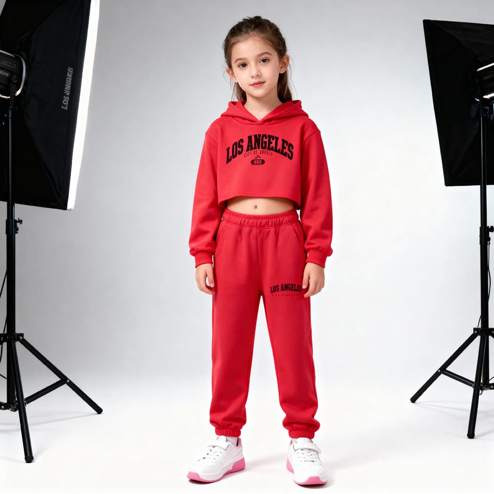 Red cropped hoodie and joggers with “Los Angeles” print