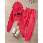 Red cropped hoodie and joggers with “Los Angeles” print