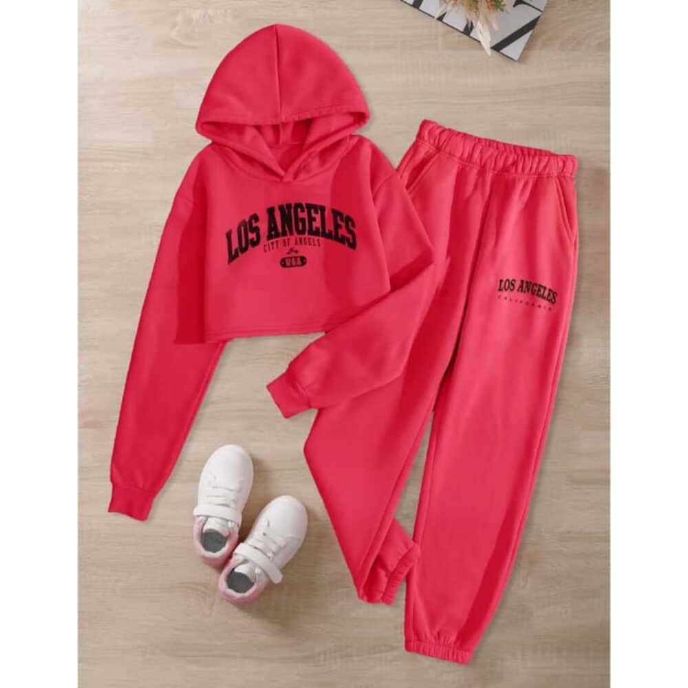 Red cropped hoodie and joggers with “Los Angeles” print