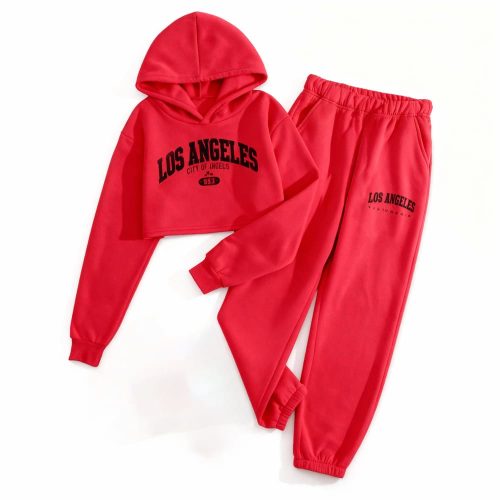 Red cropped hoodie and joggers with “Los Angeles” print