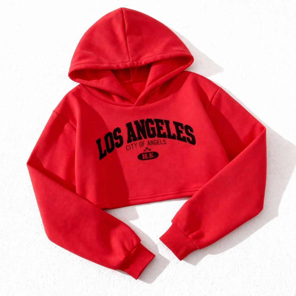 Red cropped hoodie with “Los Angeles” print