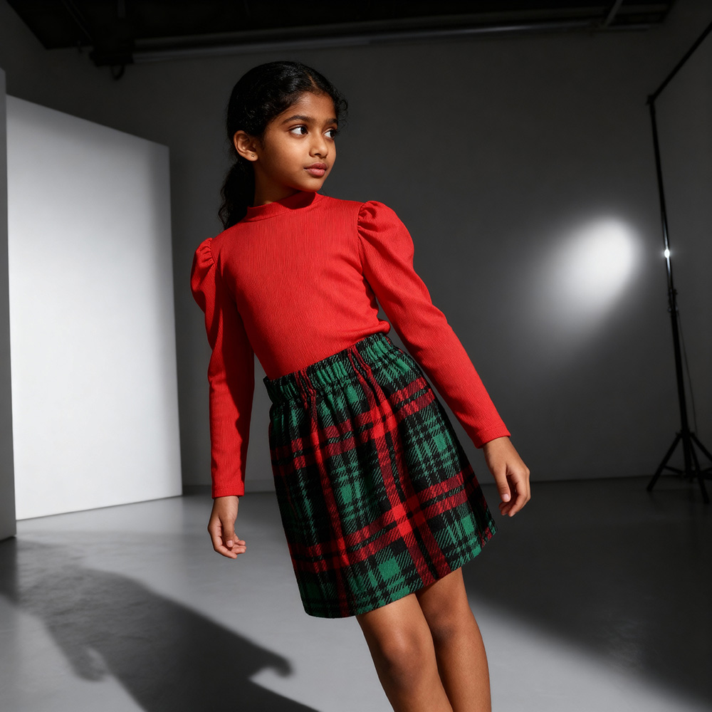 Red ribbed crop top and green/red plaid skirt holiday set for girls