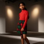 Red ribbed crop top and green/red plaid skirt holiday set for girls