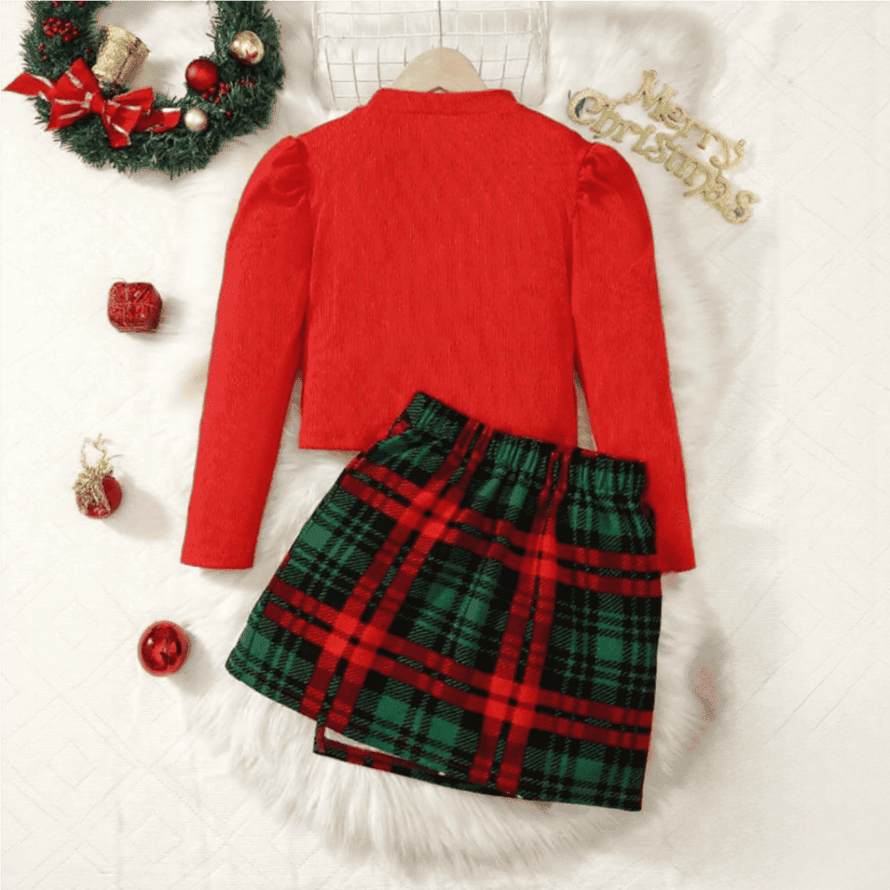 Red ribbed crop top and green/red plaid skirt holiday set