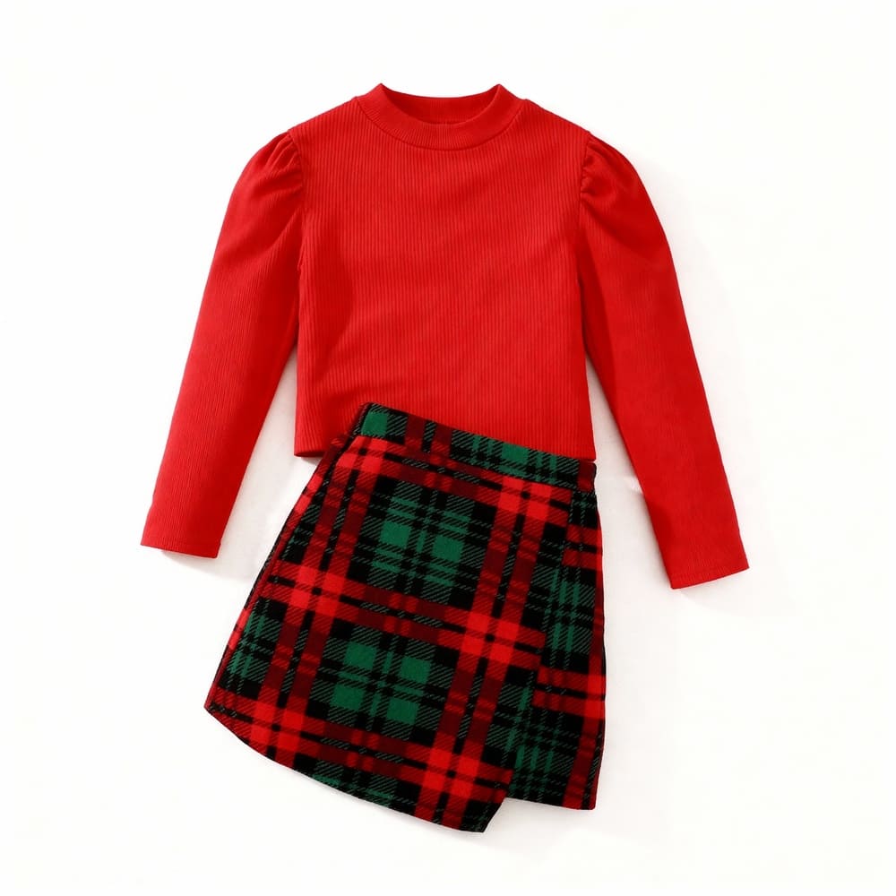 Red ribbed crop top and green/red plaid skirt holiday set