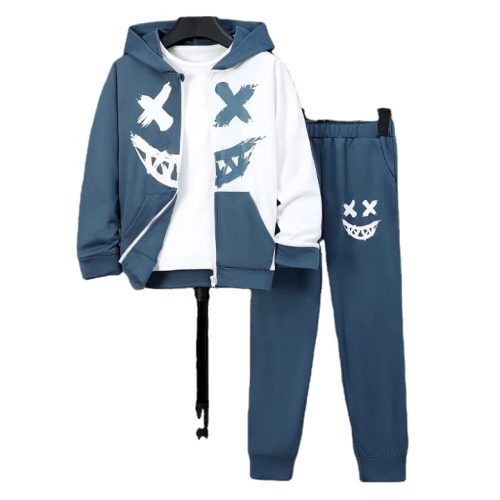 Kid wearing blue zip-up hoodie with white smiley face and matching joggers