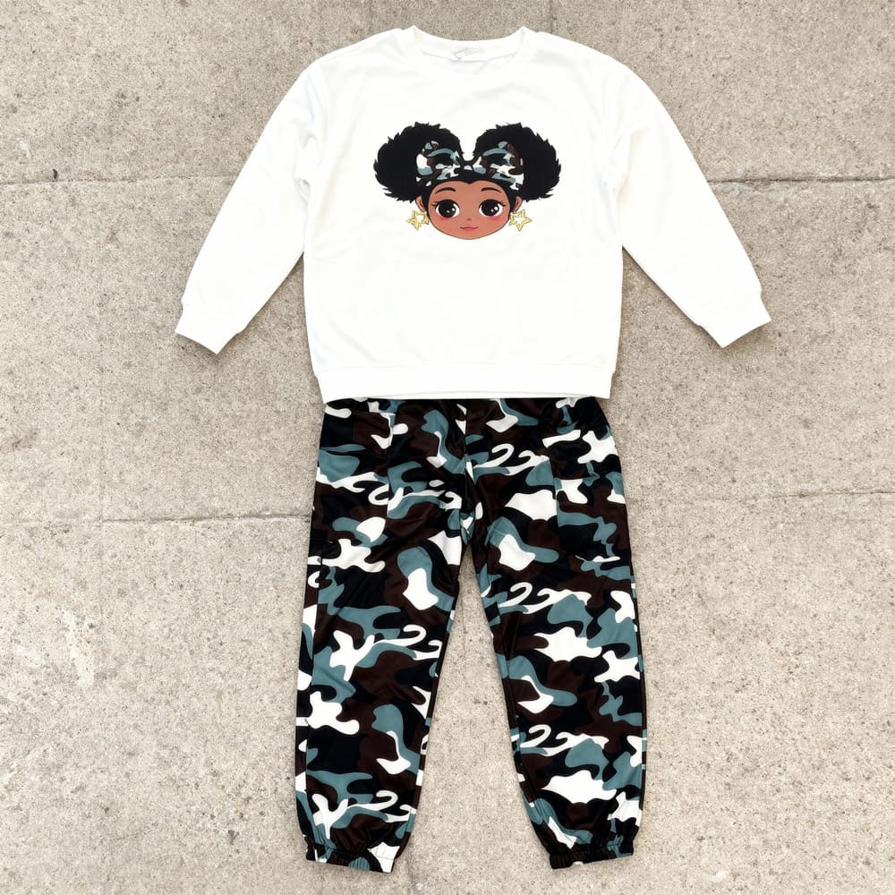 Afro Girl Print Sweatshirt & Camo Jogger Set