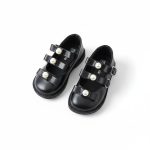 Girl’s black Mary Jane shoes with double strap and pearl embellishments