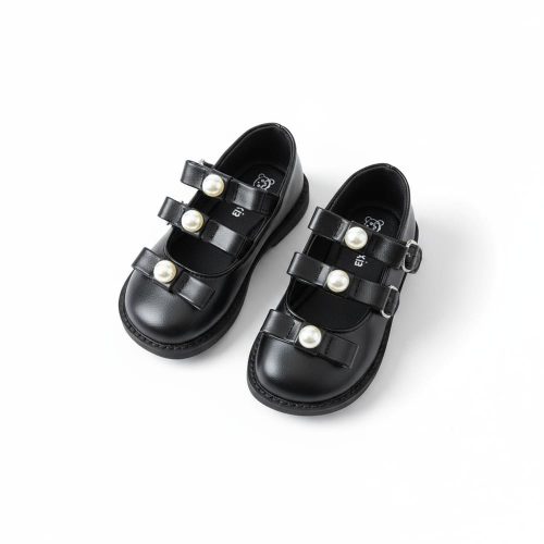 Girl’s black Mary Jane shoes with double strap and pearl embellishments