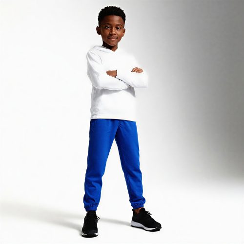 White hoodie with blue bear graphic and royal blue joggers