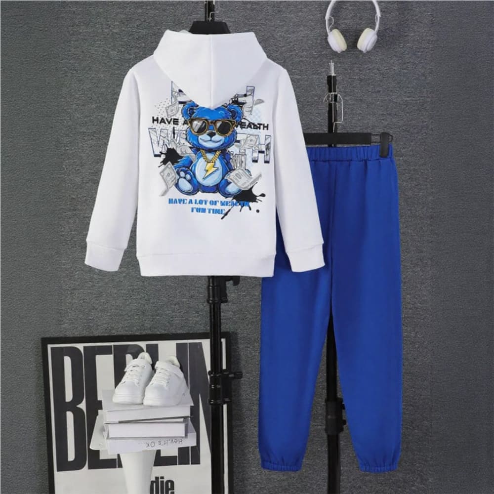 White hoodie with blue bear graphic and royal blue joggers