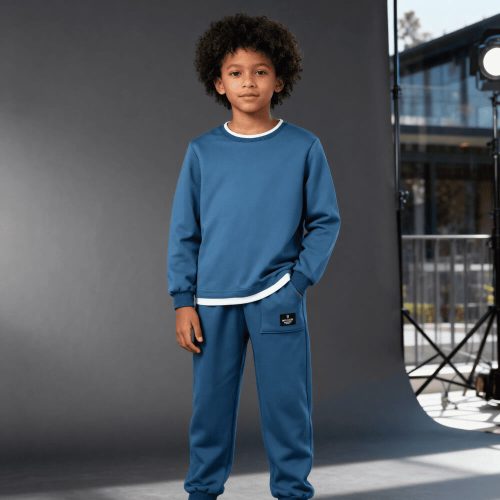 Boy in blue sweatshirt with white layered hem and matching joggers