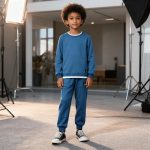Boy in blue sweatshirt with white layered hem and matching joggers