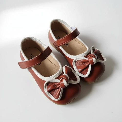 Girl’s brown Mary Jane shoes with white trim and large bow
