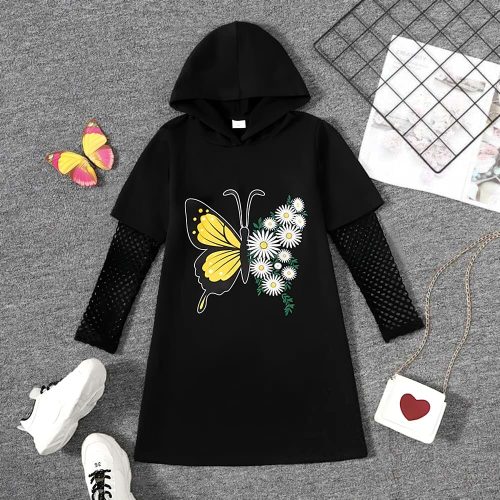 Black hooded dress with butterfly and daisy print + mesh sleeves